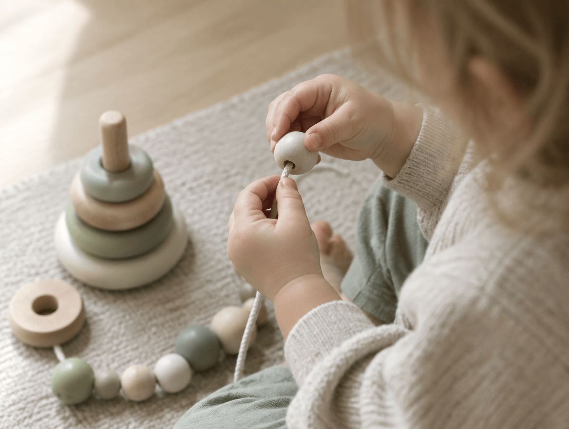 Un jeune enfant enfile une perle en bois sur un fil, lumiere douce, tapis beige