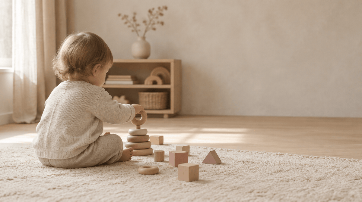 A toddler sitting on a cream rug, stacking natural wooden rings in a calm, sunlit nursery
