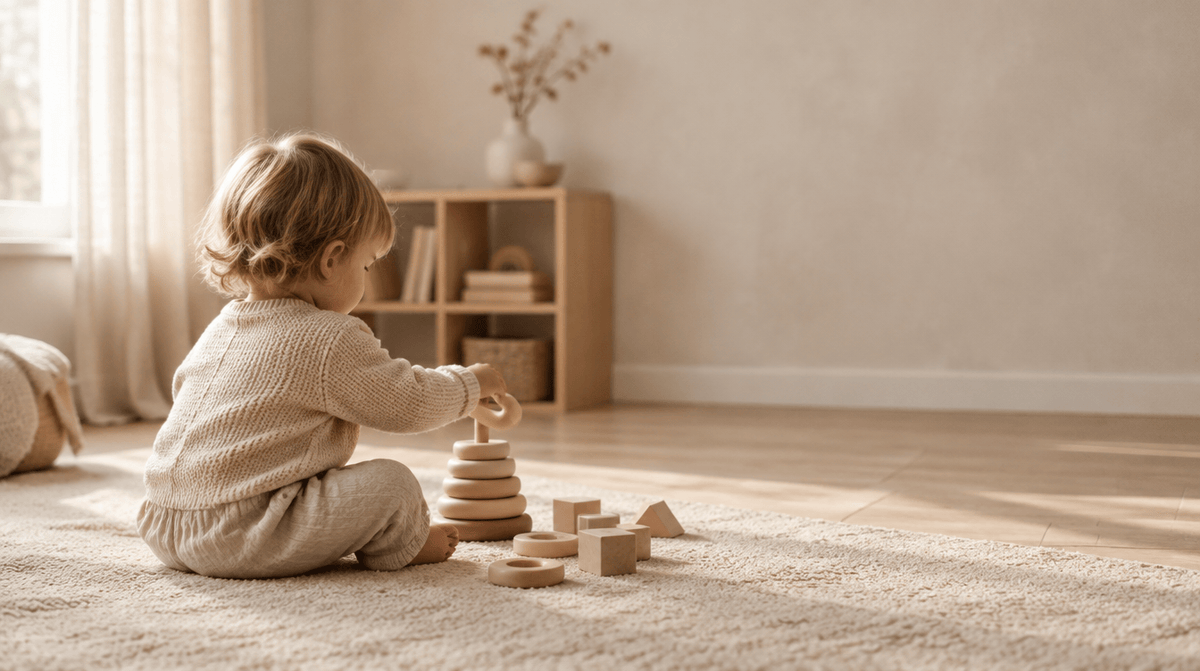 A toddler playing with wooden stacking rings and blocks on a soft rug in morning light